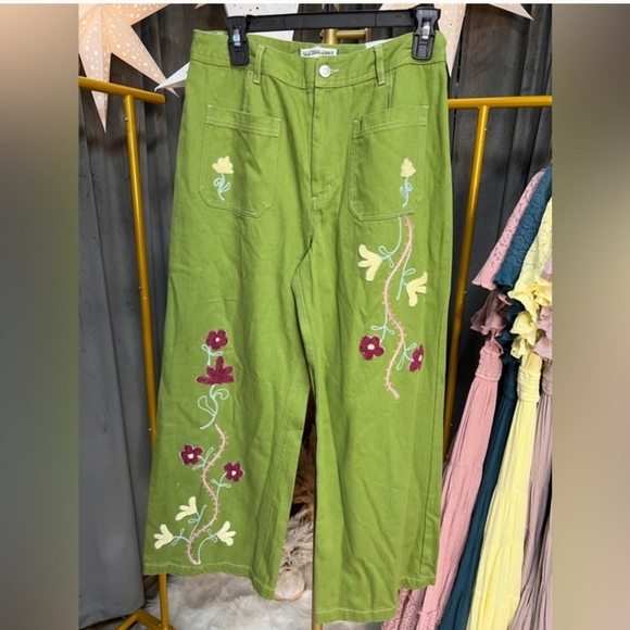 Free People We The Free Winter Bloom Embroidered Wide Leg Jeans Grasshopper 31 - Picture 6 of 9